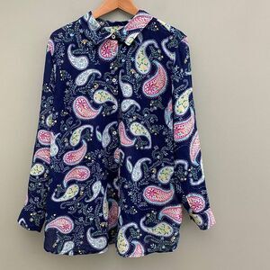 Talbots Button Up Top Blouse Paisley Lightweight Cotton Womens 2X Blue